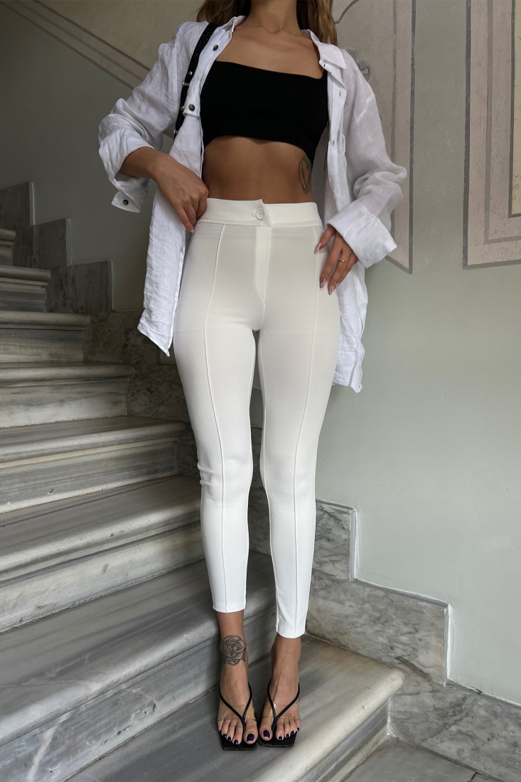 Beyaz Dikiş Detay Dar Pantolon ATE4372 - EYYO
