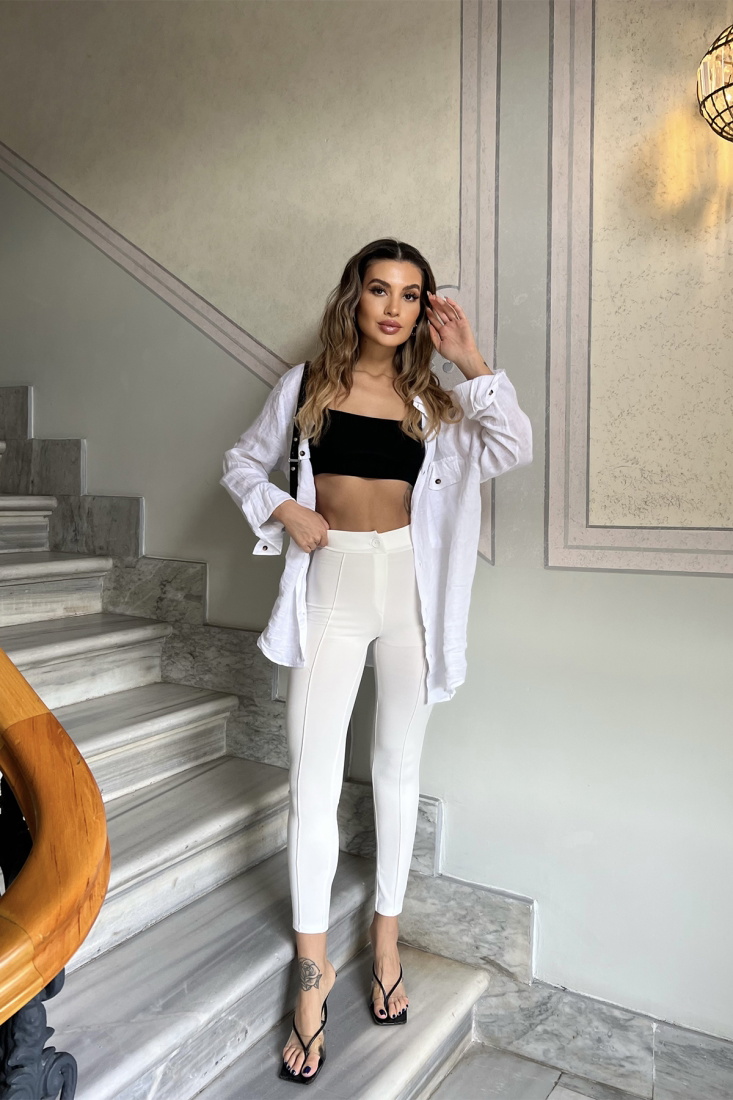 Beyaz Dikiş Detay Dar Pantolon ATE4372 - EYYO