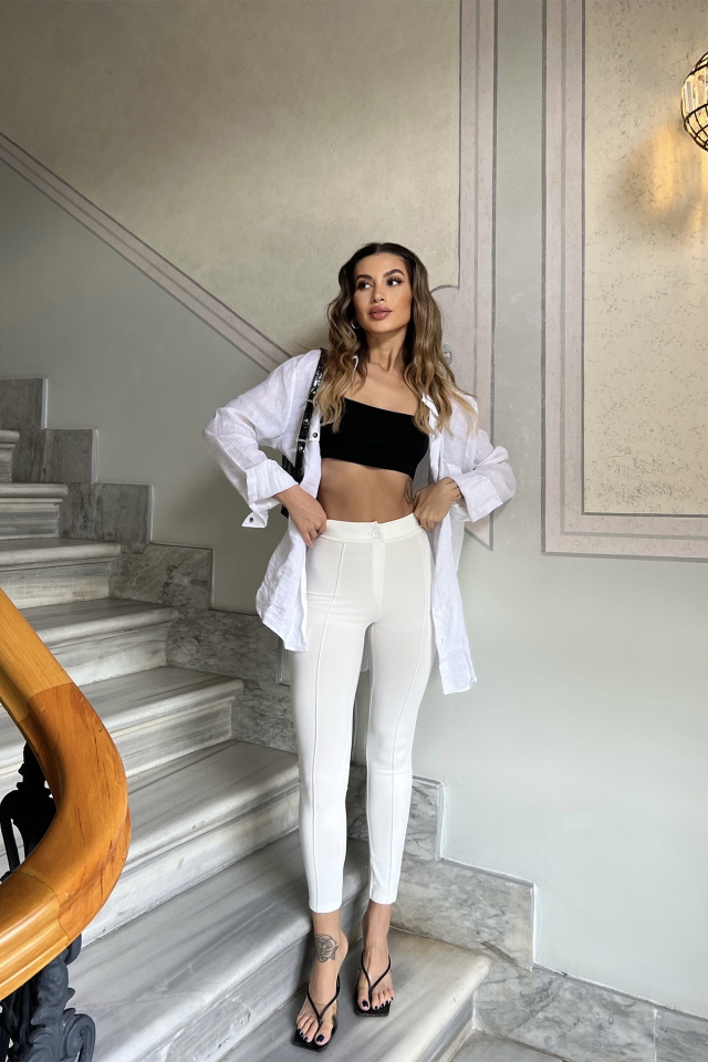 Beyaz Dikiş Detay Dar Pantolon ATE4372 - 4