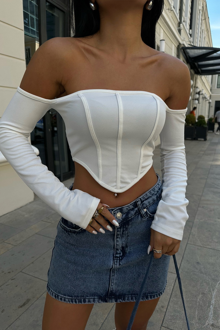 Beyaz Dikiş Detay Uzun Kol Crop Top ATE8523 - EYYO