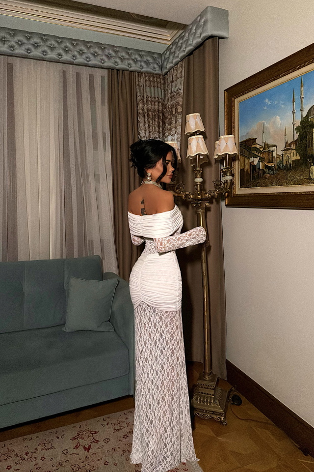 Beyaz Ellodie Dantel Uzun Elbise ATE-4536 - 4