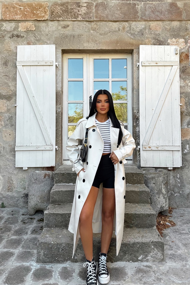 Beyaz Düğme Detay Trenckot ATE8627 - 3