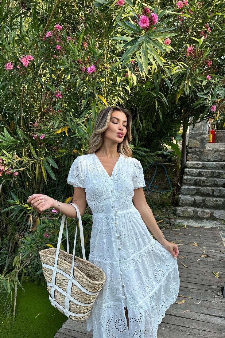 Beyaz Düğme Detay Uzun Elbise ATE7278 - EYYO