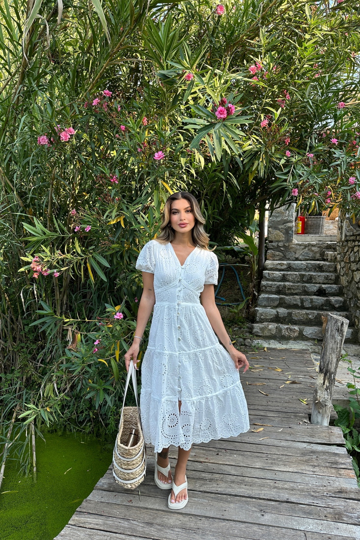 Beyaz Düğme Detay Uzun Elbise ATE7278 - EYYO