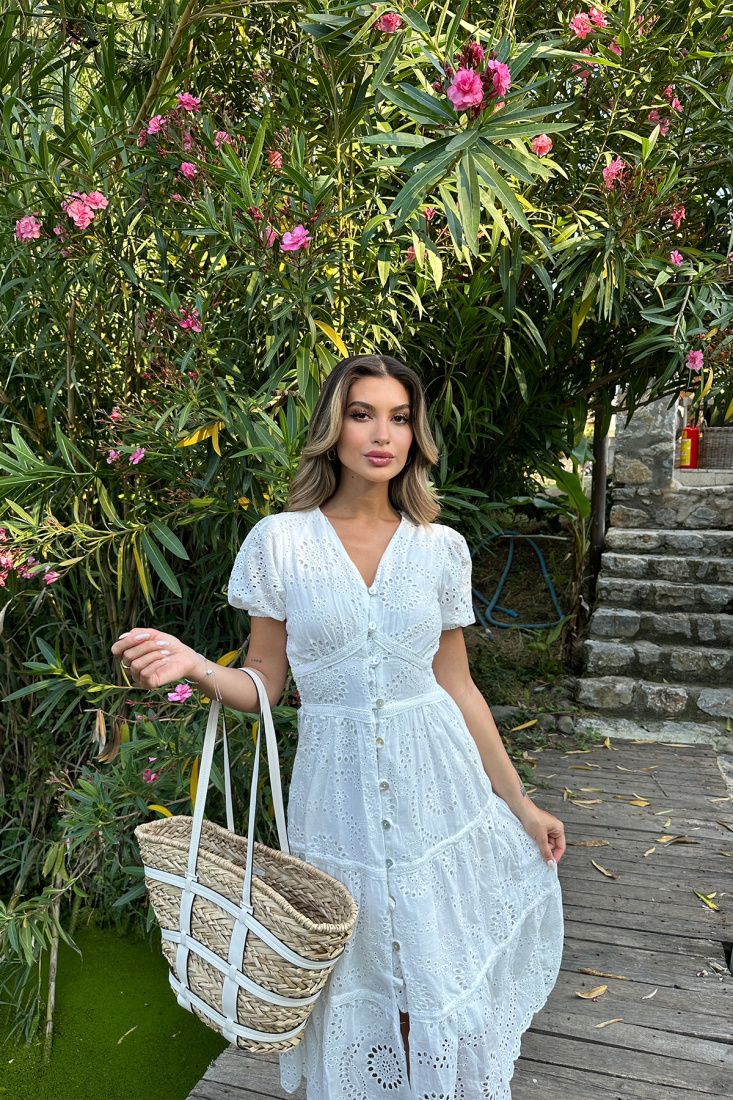 Beyaz Düğme Detay Uzun Elbise ATE7278 - EYYO