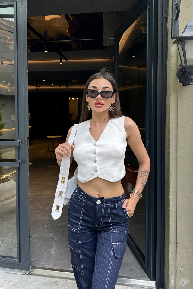 Beyaz Düğme Detay Yelek ATE7424 - 3