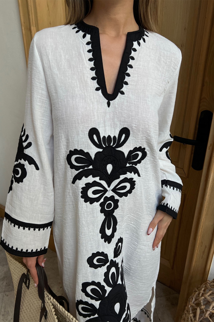 Beyaz Etnik Desen Uzun Elbise ATE4584 - EYYO