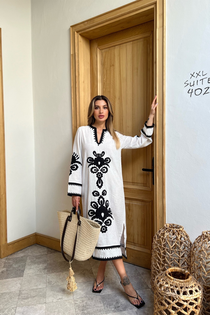 Beyaz Etnik Desen Uzun Elbise ATE4584 - EYYO