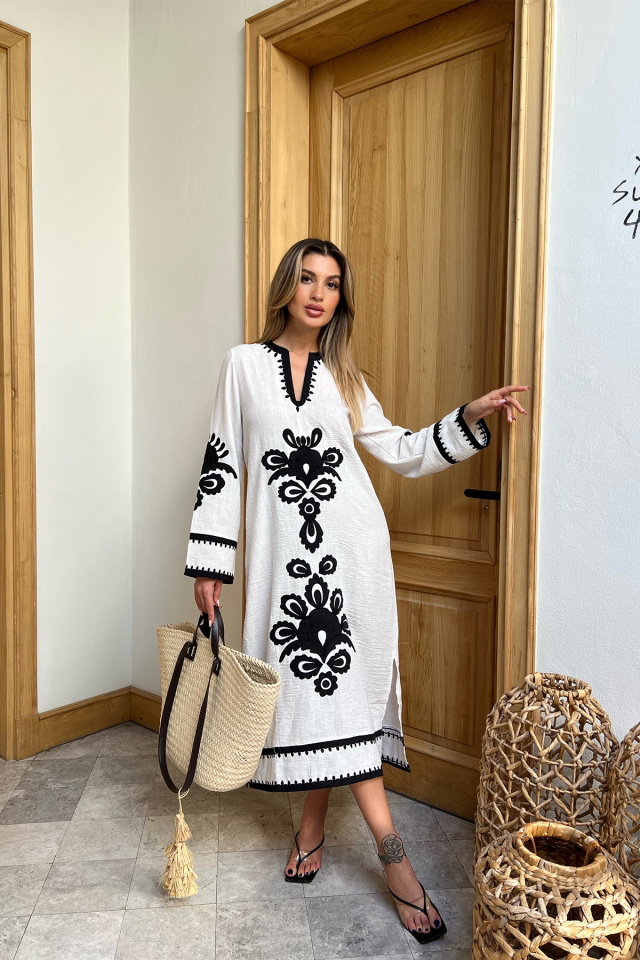 Beyaz Etnik Desen Uzun Elbise ATE4584 - 1
