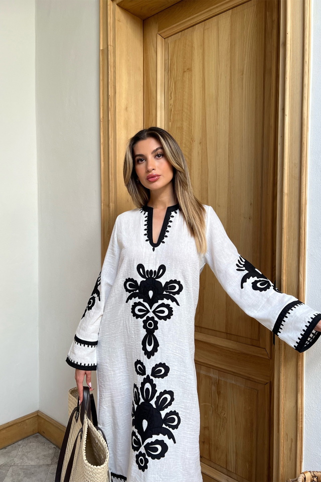 Beyaz Etnik Desen Uzun Elbise ATE4584 - 4