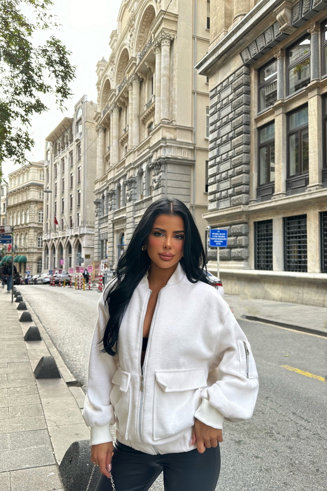 Beyaz Fermuar Detay Cepli Ceket ATE8553 