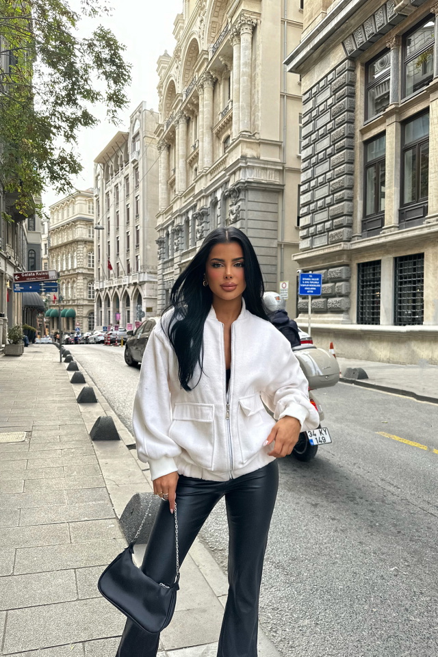 Beyaz Fermuar Detay Cepli Ceket ATE8553 - 3