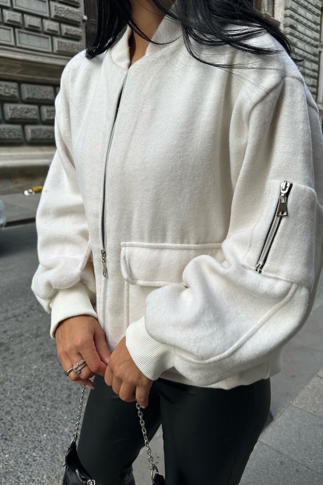 Beyaz Fermuar Detay Cepli Ceket ATE8553 - 2