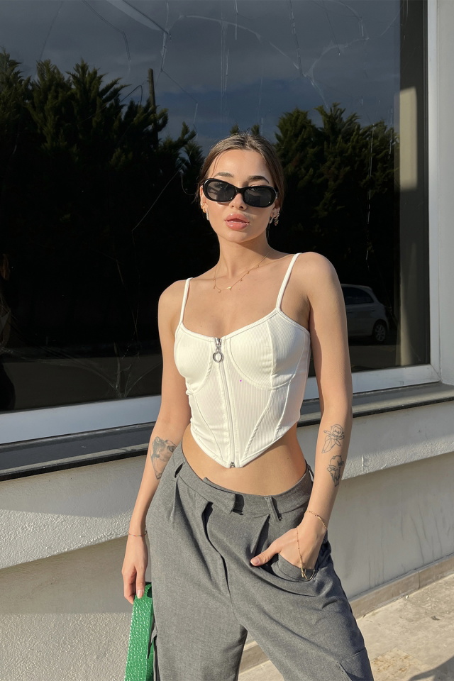 Beyaz Fermuar Detay Crop Top ATE6497