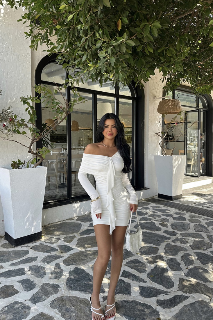 Beyaz Dina Drapeli Elbise ATE-1062 - EYYO