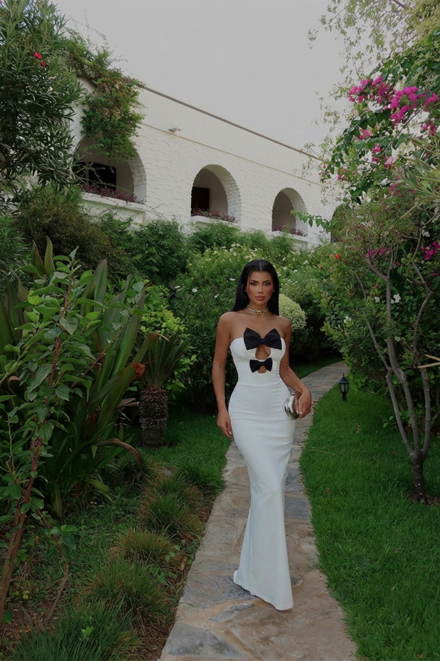 Beyaz Arco Fiyonk Detaylı Elbise ATE-2257 