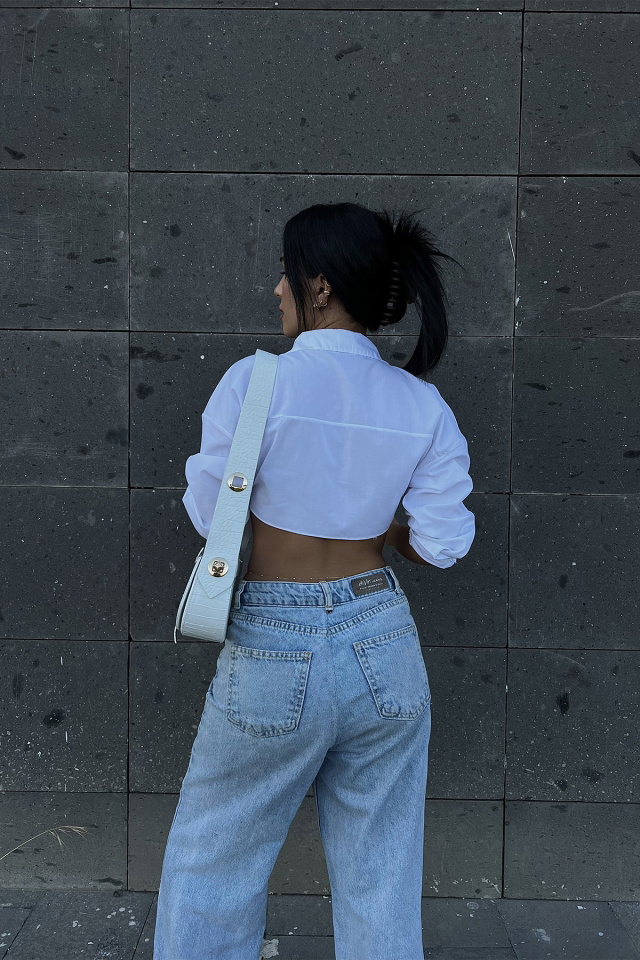 Beyaz Gömlek Yaka Crop Top ATE1996