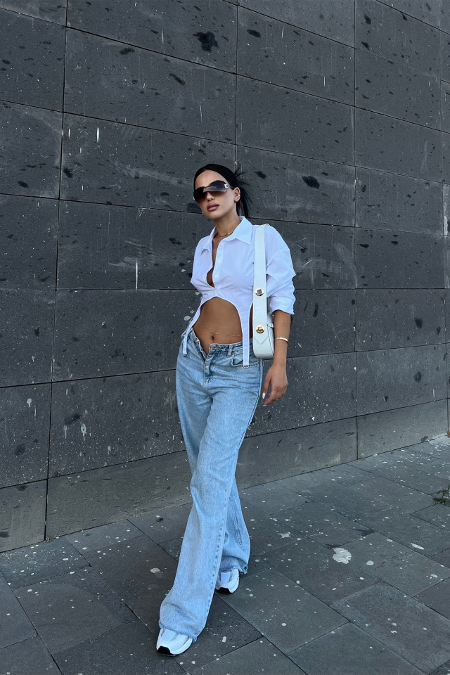Beyaz Gömlek Yaka Crop Top ATE1996