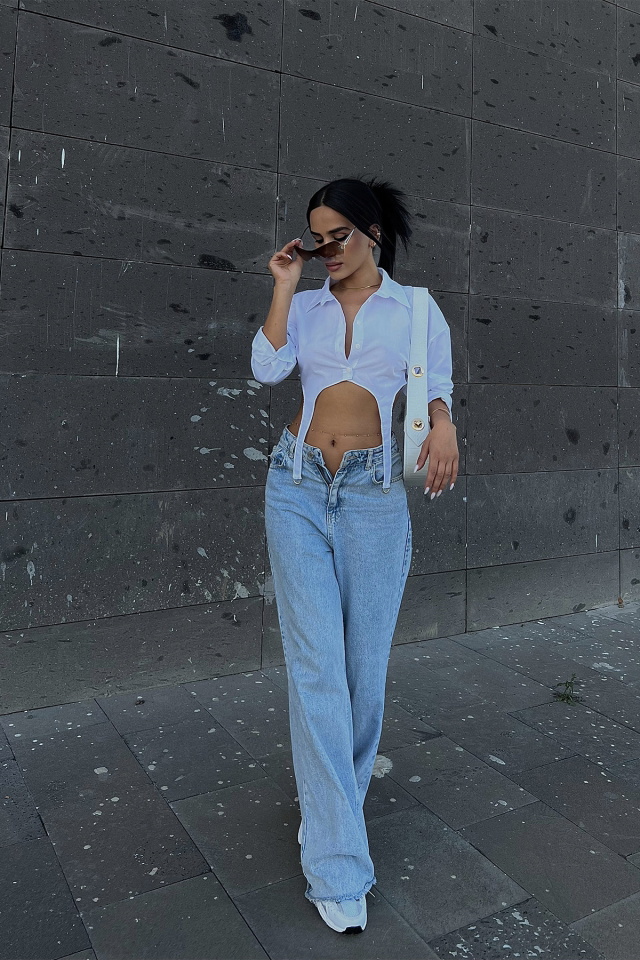 Beyaz Gömlek Yaka Crop Top ATE1996