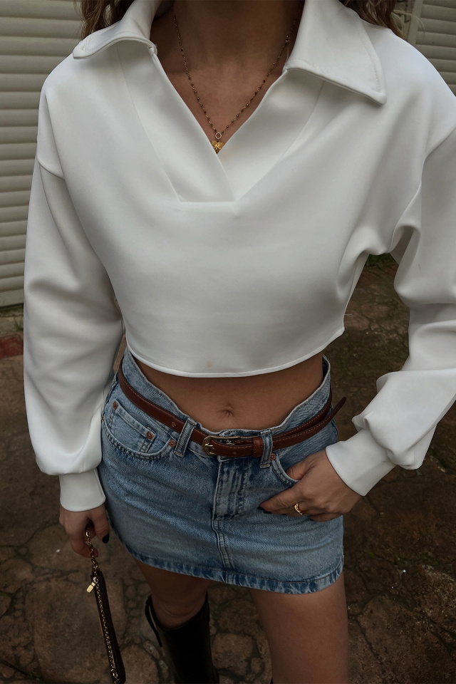 Beyaz Gömlek Yaka Crop Top ATE3419 - 2