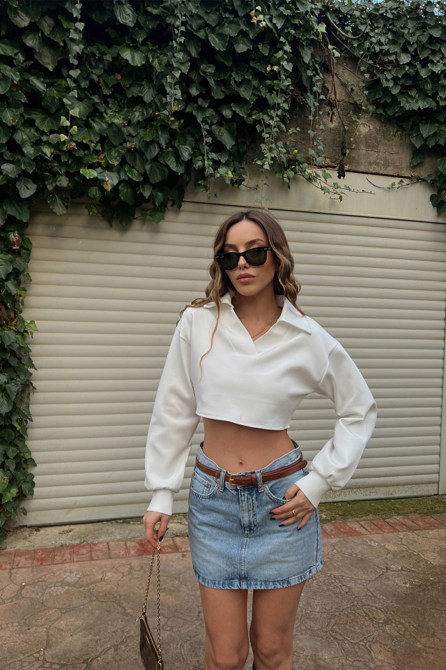 Beyaz Gömlek Yaka Crop Top ATE3419 - 3