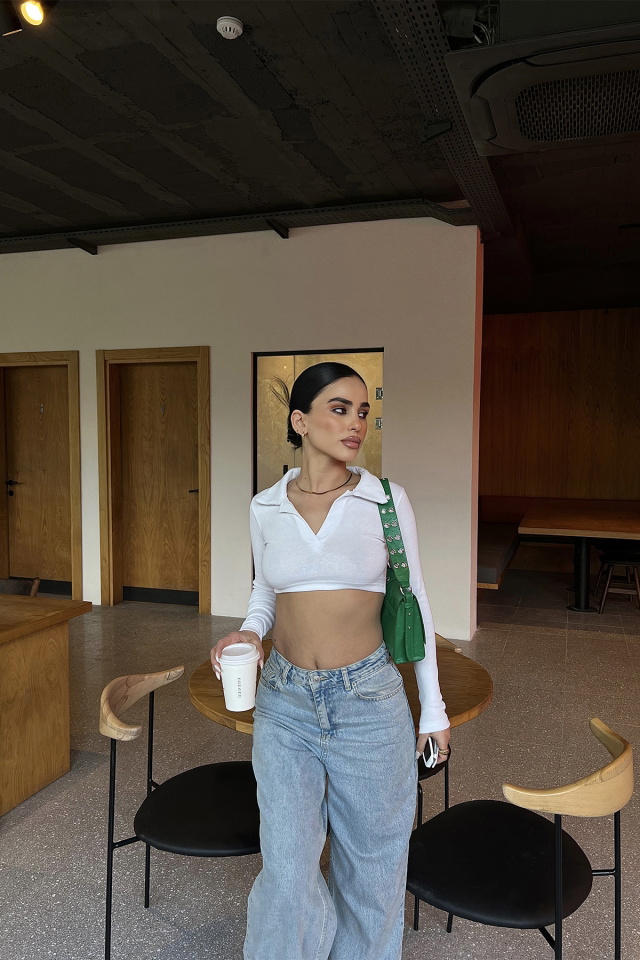 Beyaz Gömlek Yaka Crop Top ATE3825 - 1