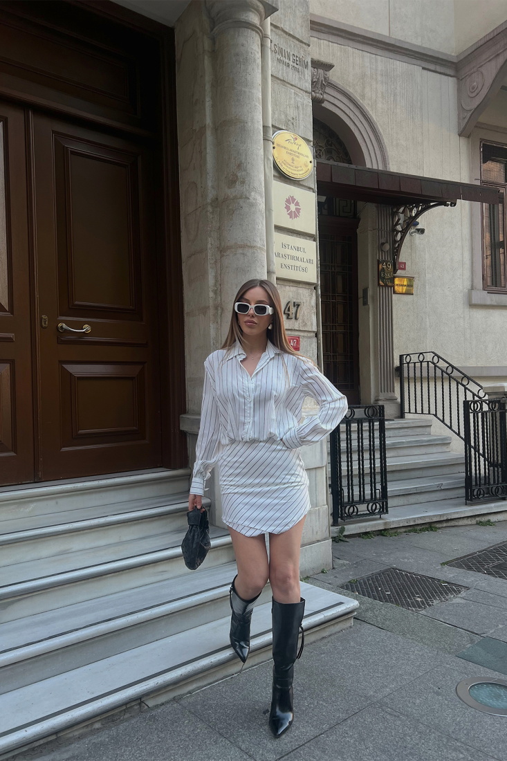 Beyaz Gömlek Yaka Mini Elbise ATE5045 - EYYO