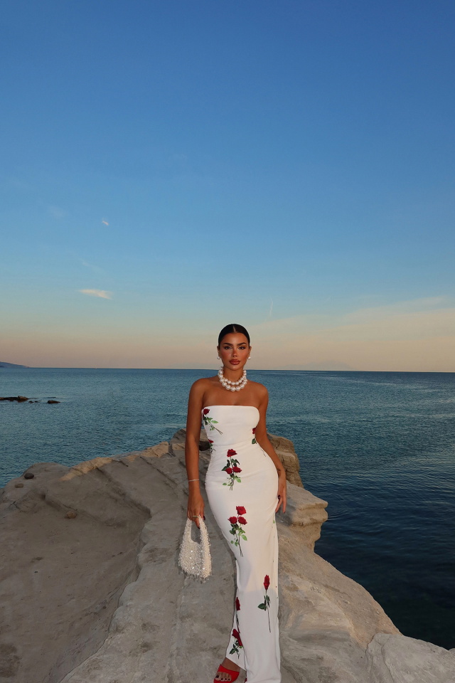Beyaz Onella Gül Desen Elbise -