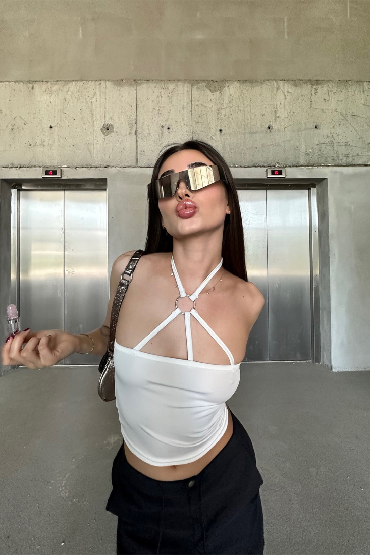 Beyaz Halka Detay Crop Top ATE7140 - EYYO