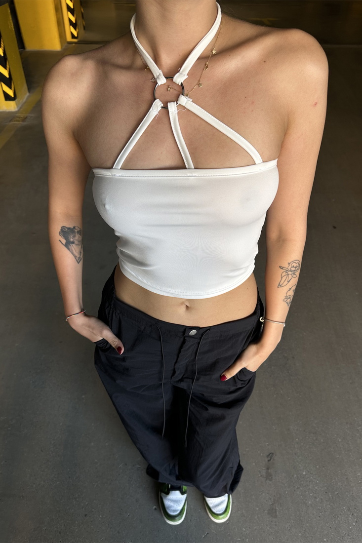 Beyaz Halka Detay Crop Top ATE7140 - EYYO