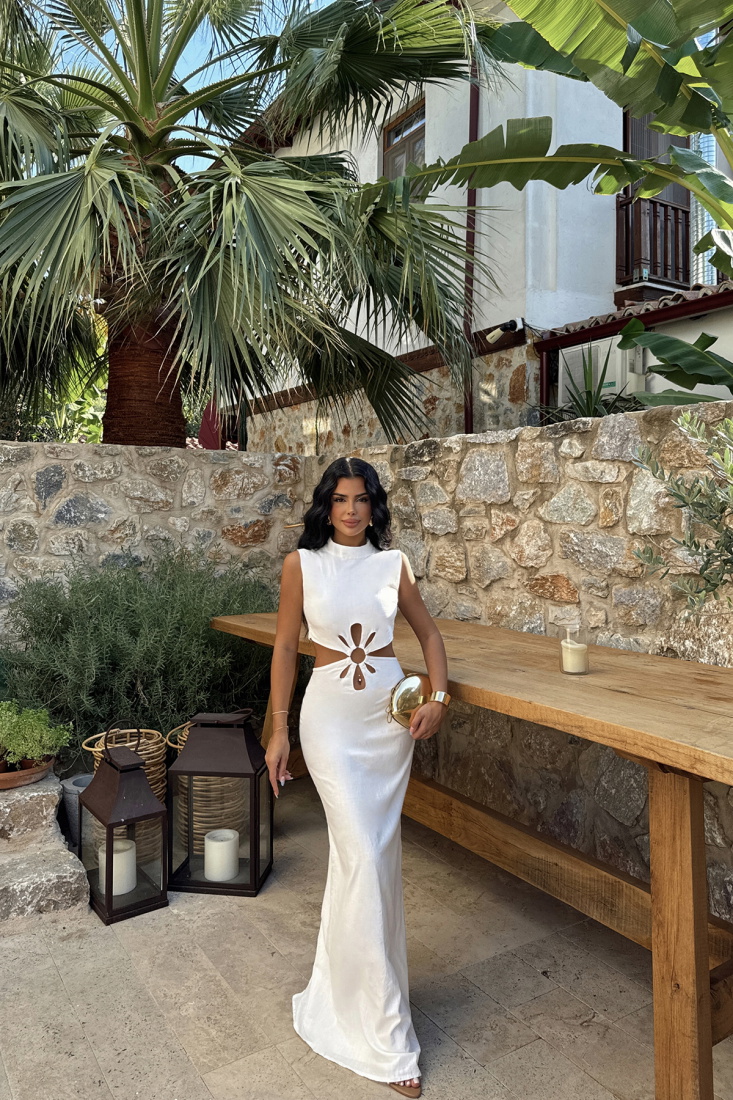 Beyaz Lavin Keten Uzun Elbise ATE-1332 - EYYO