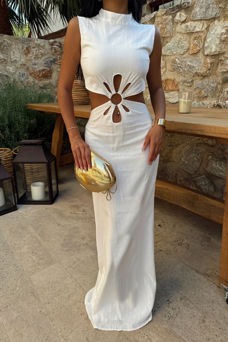 Beyaz Lavin Keten Uzun Elbise ATE-1332 - EYYO