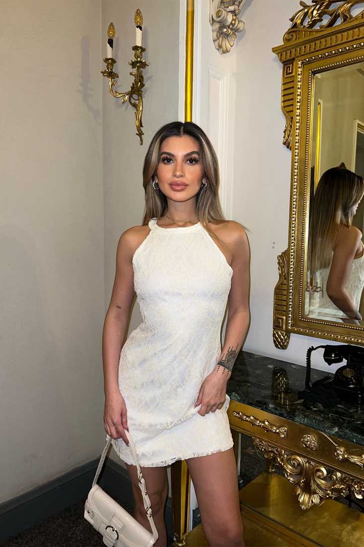 Beyaz Halter Yaka Mini Elbise ATE4270 - EYYO