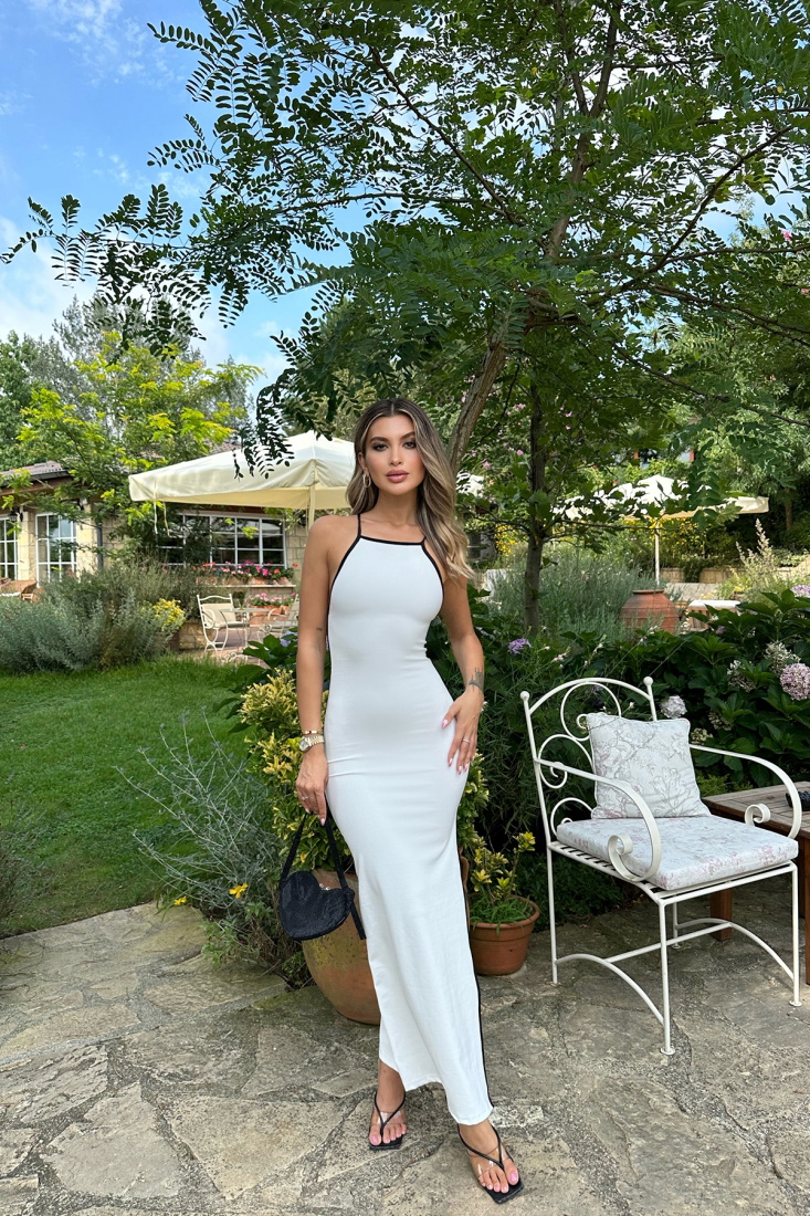 Beyaz Halter Yaka Uzun Elbise ATE8173 - EYYO