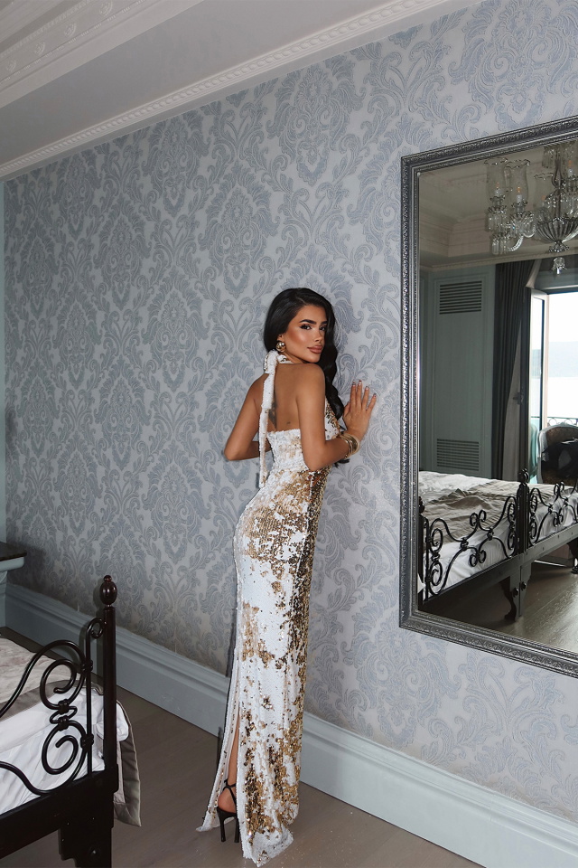 Beyaz Coquille Payetli Uzun Elbise ATE-4664 - 4