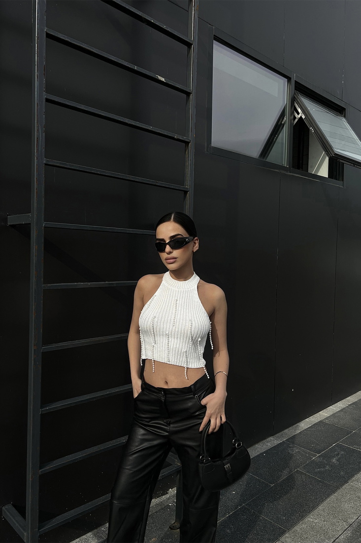 Beyaz İnci Detay Crop Top ATE4732 - EYYO