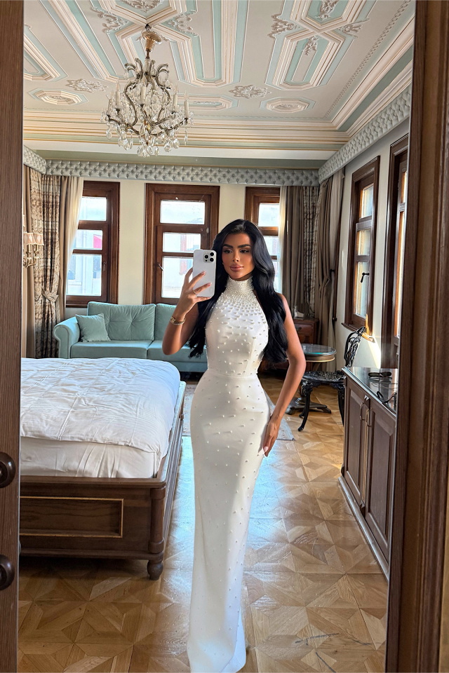Beyaz Josephine İncili Uzun Elbise ATE-3304 - 3