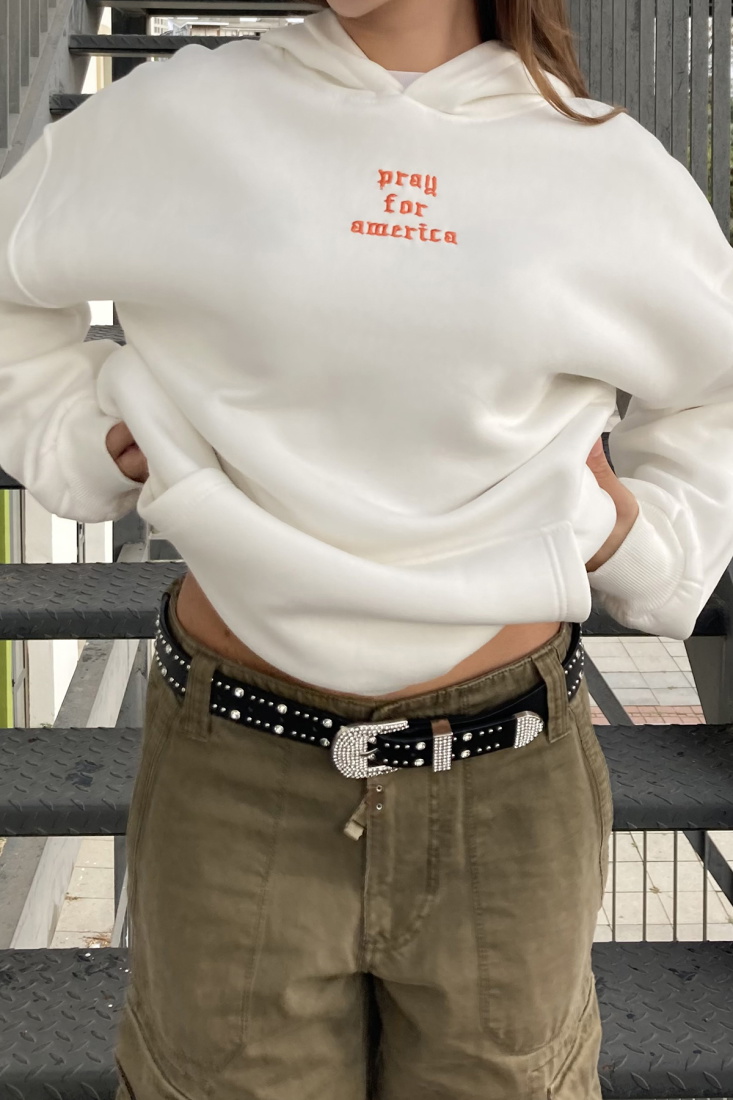 Beyaz Kanguru Cep Detay Kapşonlu Sweat ATE-0041 - Peex