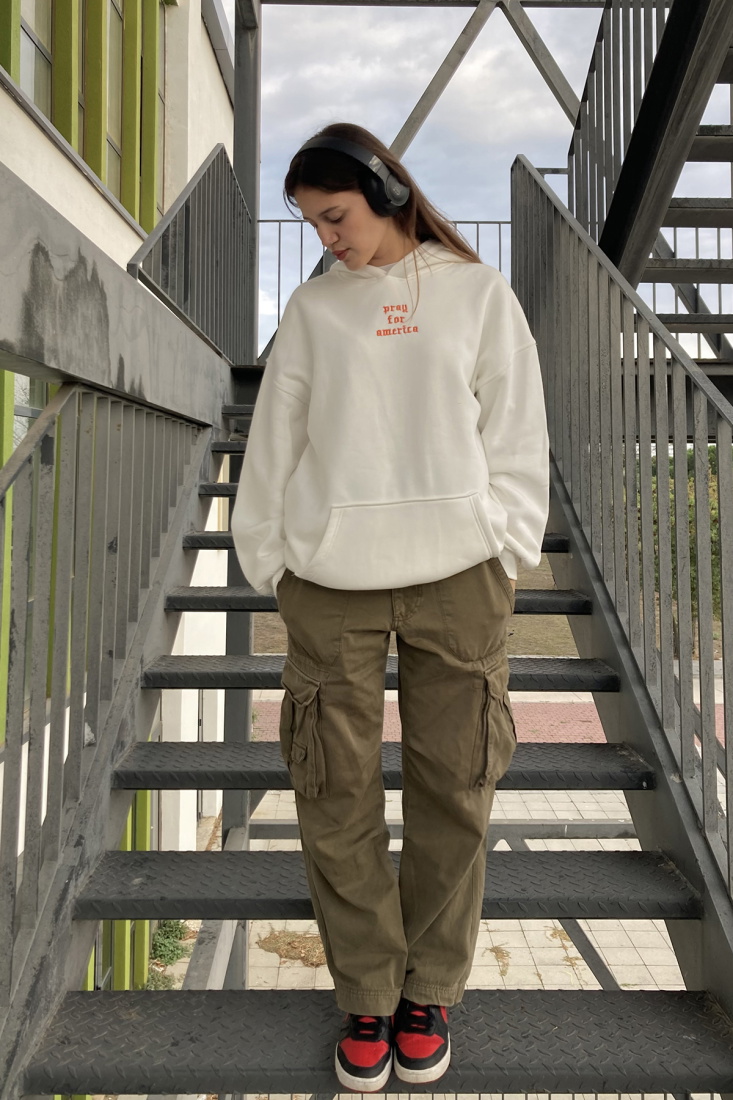 Beyaz Kanguru Cep Detay Kapşonlu Sweat ATE-0041 - Peex