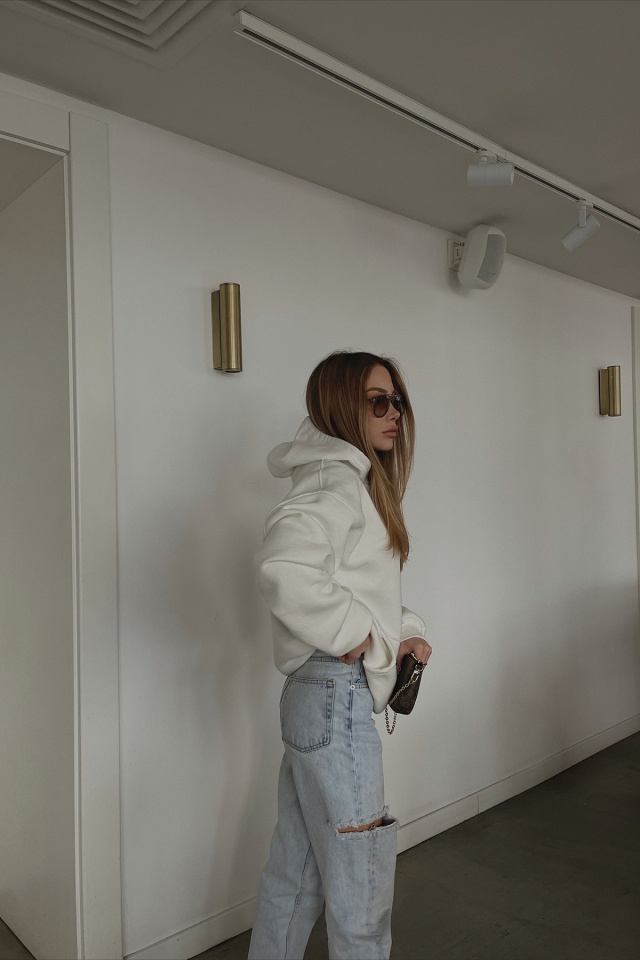 Beyaz Kapşonlu Oversize Sweat ATE3164 - 3