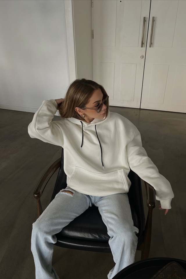 Beyaz Kapşonlu Oversize Sweat ATE3164 