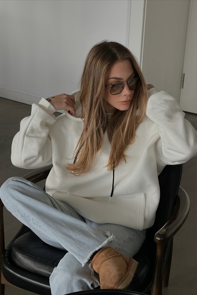 Beyaz Kapşonlu Oversize Sweat ATE3164 - 2