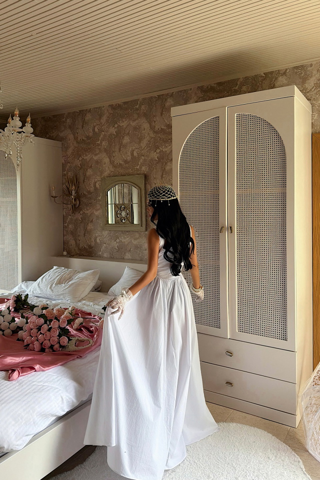 Beyaz Kare Yaka Askılı Uzun Elbise ATE-4189 - 5