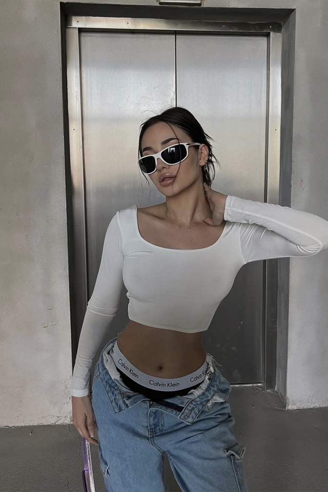 Beyaz Kare Yaka Crop Top ATE3929 - 1