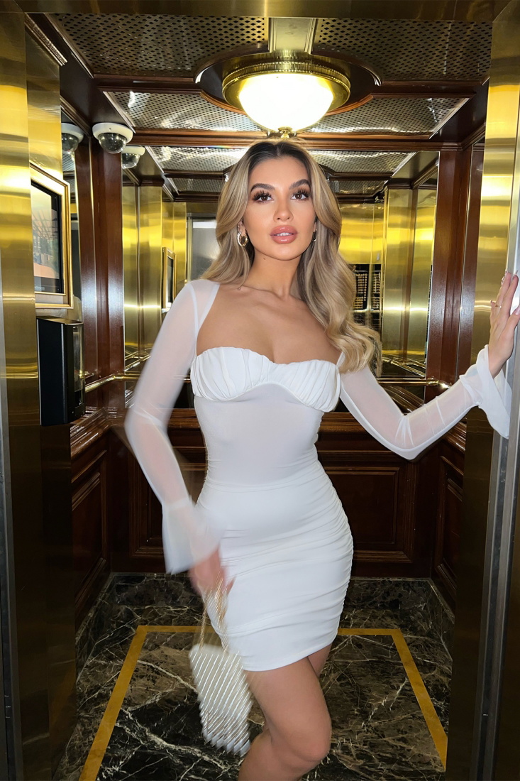 Beyaz Kolları Tül Büzgülü Elbise ATE4029 - EYYO