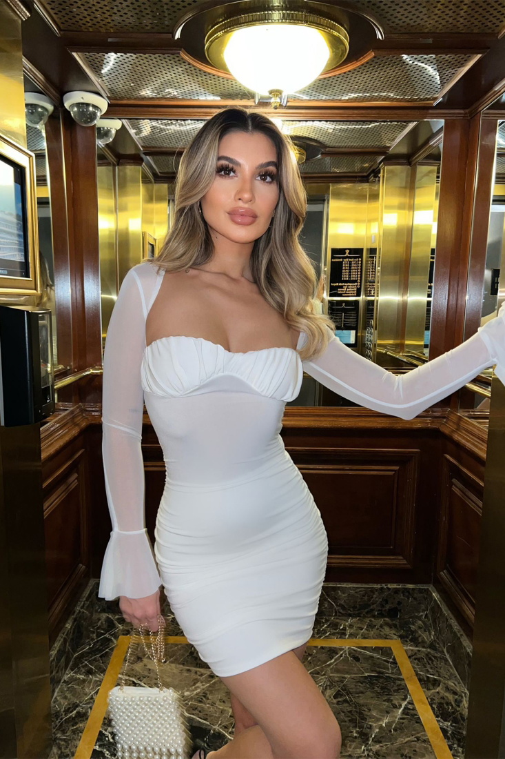 Beyaz Kolları Tül Büzgülü Elbise ATE4029 - EYYO