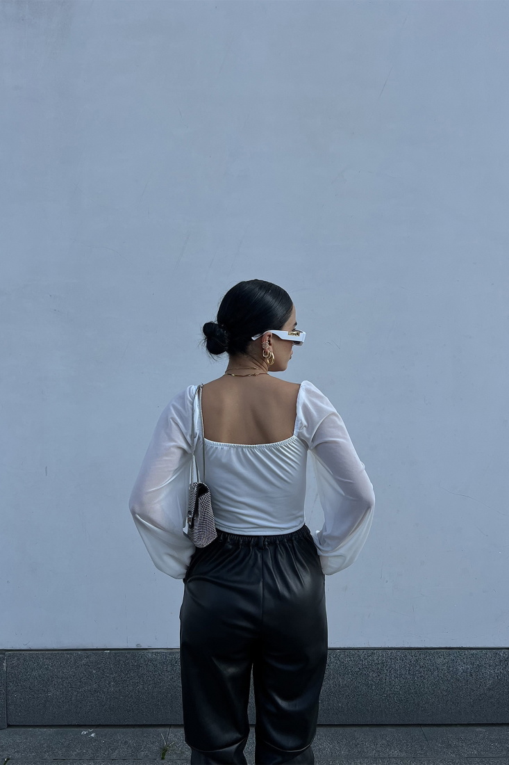 Beyaz Kolları Tül Crop Top ATE2378 - EYYO