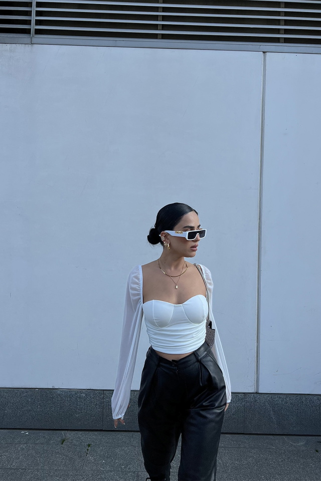 Beyaz Kolları Tül Crop Top ATE2378 - 4