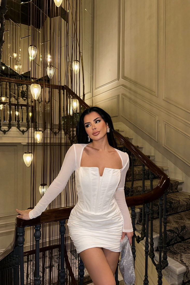 Beyaz kolları Tül Mini Elbise ATE-0721 - EYYO