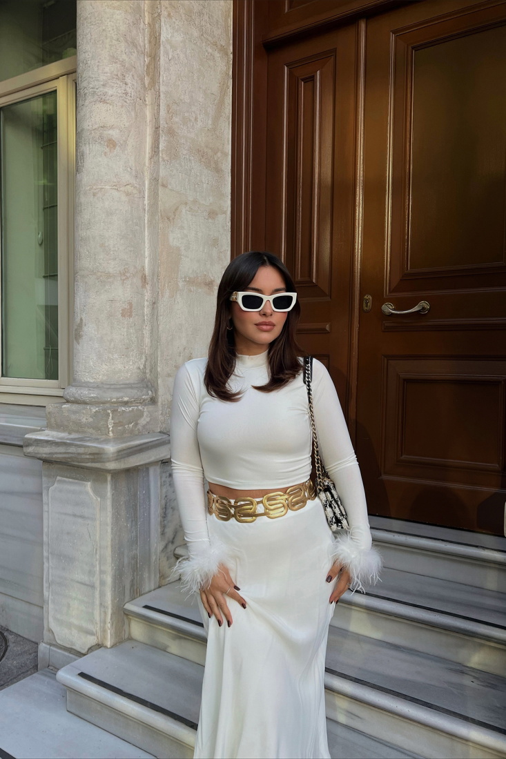 Beyaz Genji Tüy Detay Bluz ATE2350 - EYYO